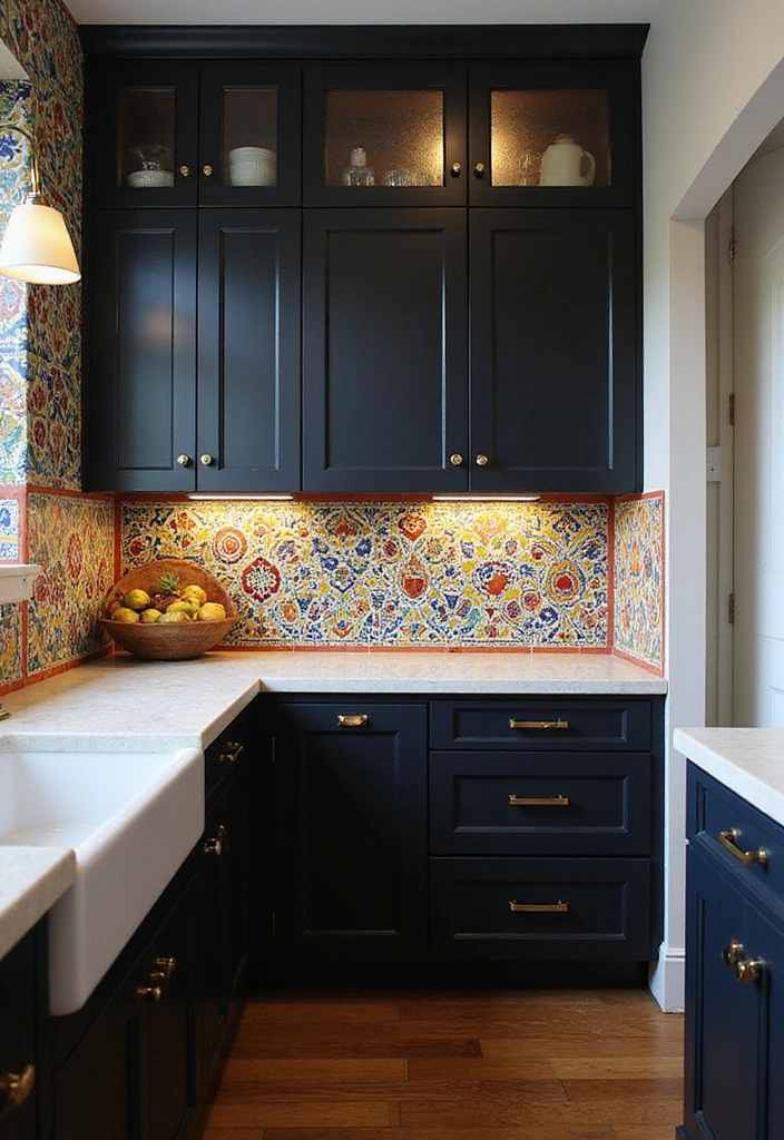 21 Backsplash Ideas for Dark Cabinets - 12. Artistic Hand-Painted Tiles