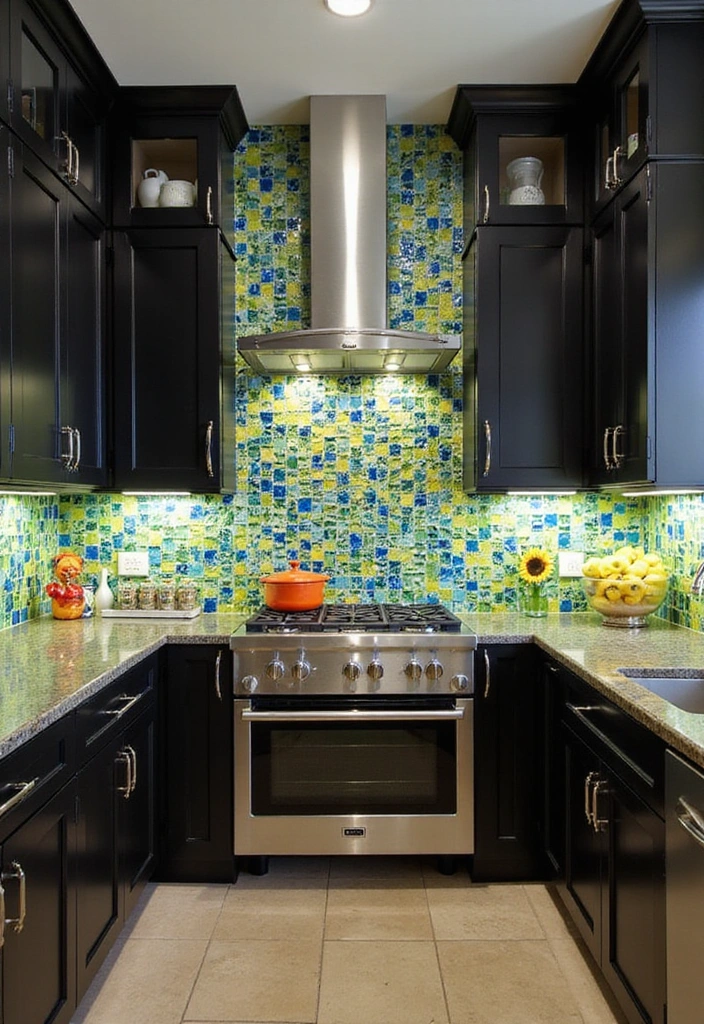 21 Backsplash Ideas for Dark Cabinets - 6. Colorful Glass Tiles