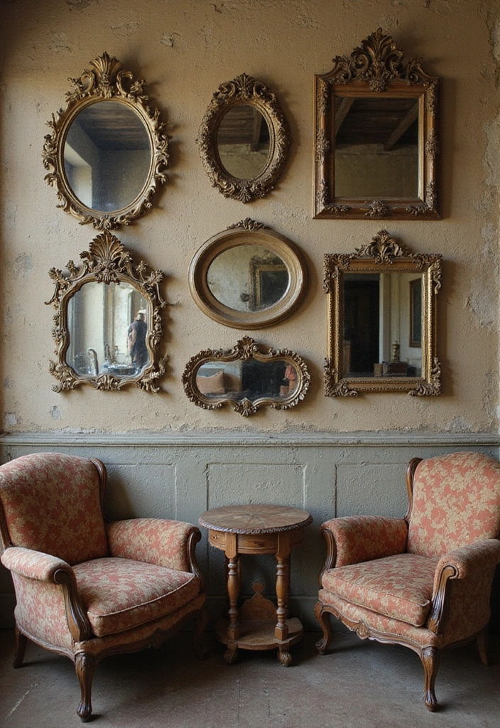 21 Mirror Wall Design Ideas - 4. Vintage Mirror Arrangements