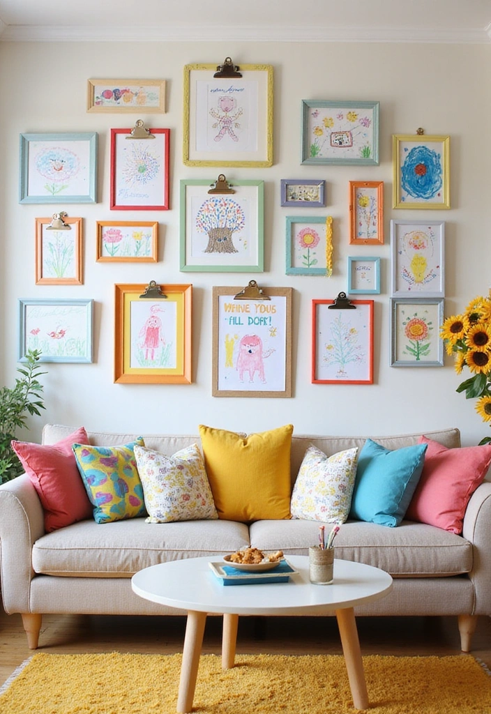 21 Picture Wall Ideas for Living Room - 10. Kid's Art Display