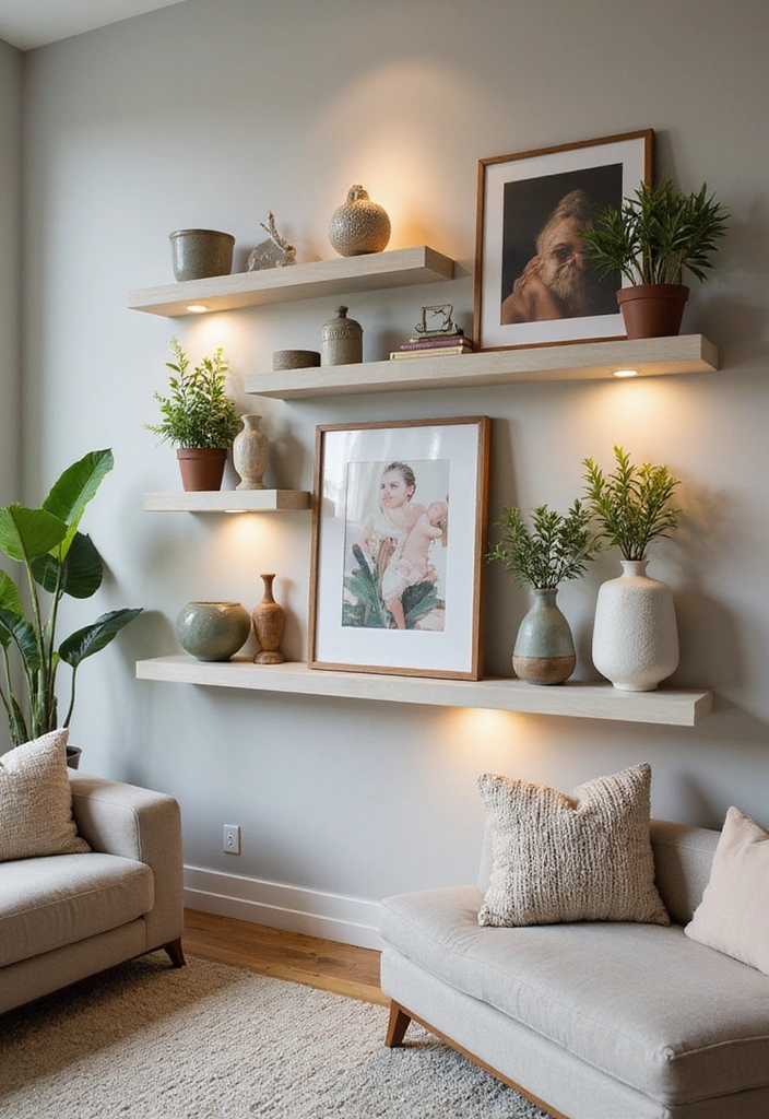 21 Picture Wall Ideas for Living Room - 13. Floating Shelves Display