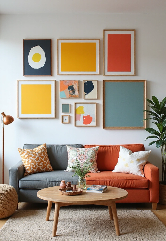 21 Picture Wall Ideas for Living Room - 14. Color Pop