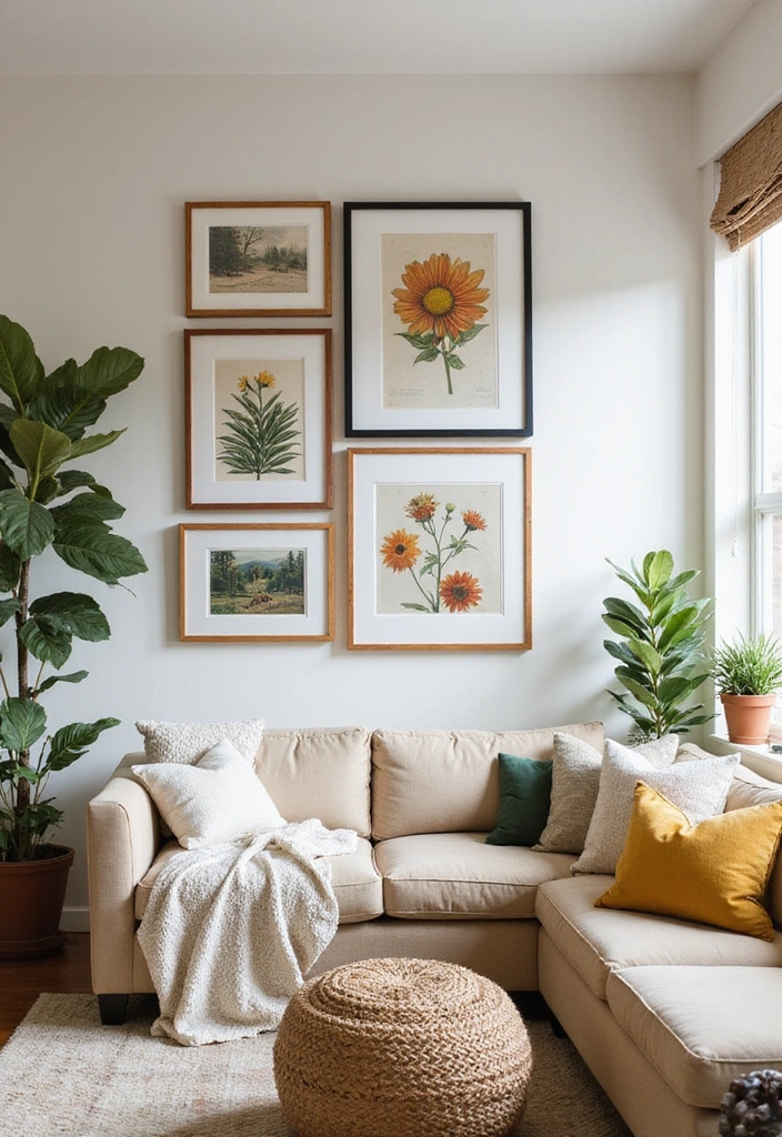 21 Picture Wall Ideas for Living Room - 3. Nature-Inspired Themes