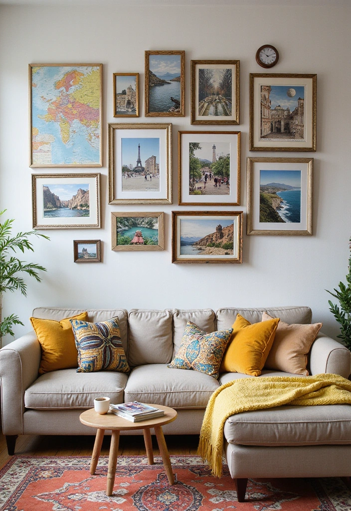 21 Picture Wall Ideas for Living Room - 7. Travel Memories