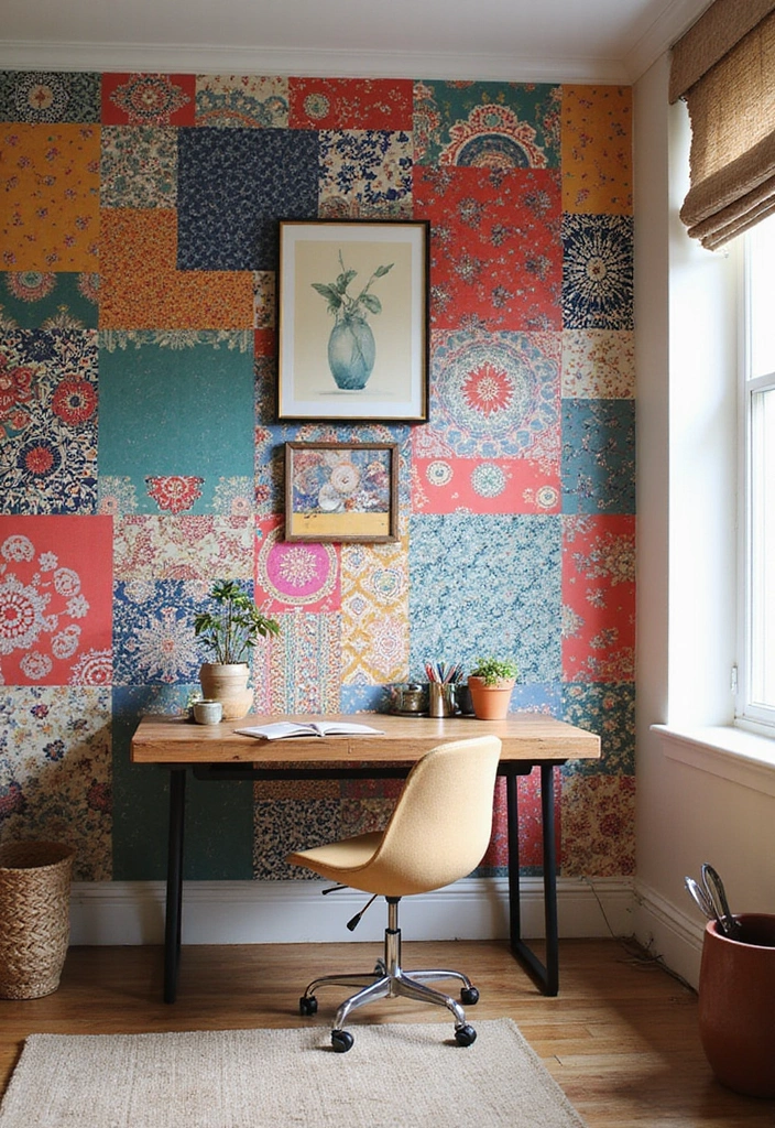 22 Accent Wall Ideas for Offices - 10. Eclectic Pattern Mix