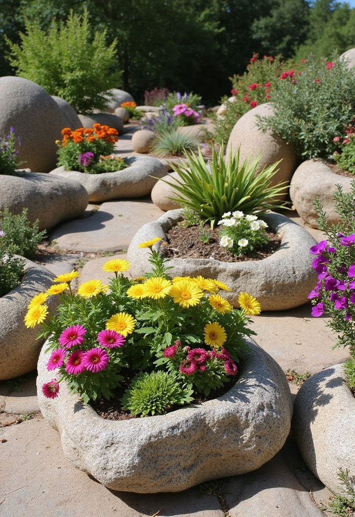 22 Front Yard Landscaping Ideas with Rocks - 12. Rock Containers for Plants