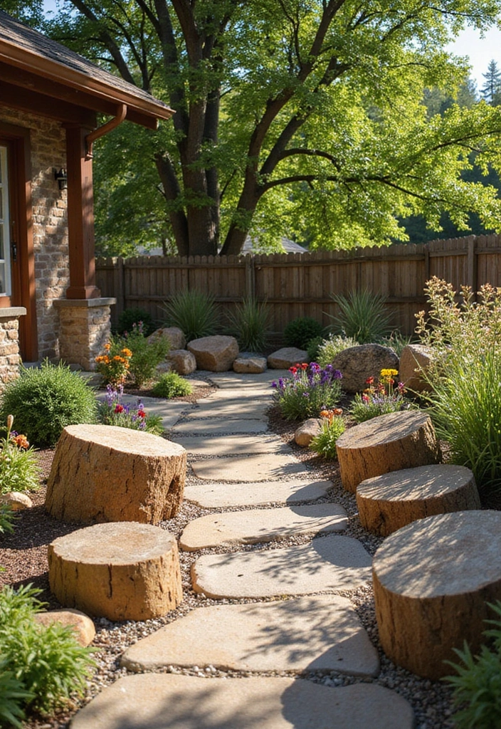22 Front Yard Landscaping Ideas with Rocks - 13. Rock and Wood Combinations
