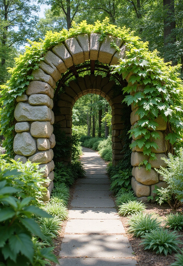 22 Front Yard Landscaping Ideas with Rocks - 15. Rock Trellises for Climbing Plants