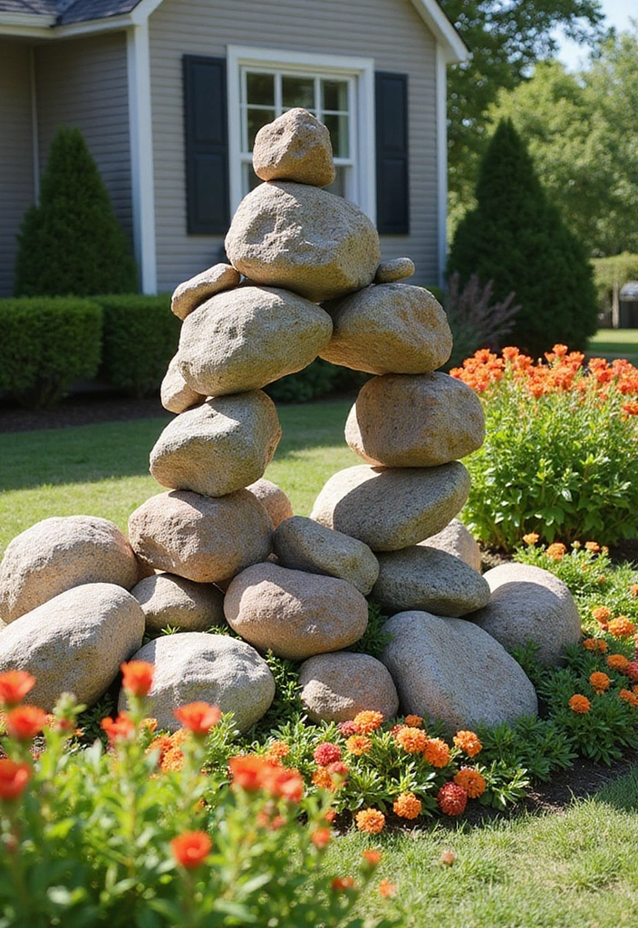 22 Front Yard Landscaping Ideas with Rocks - 21. Rock Sculptures