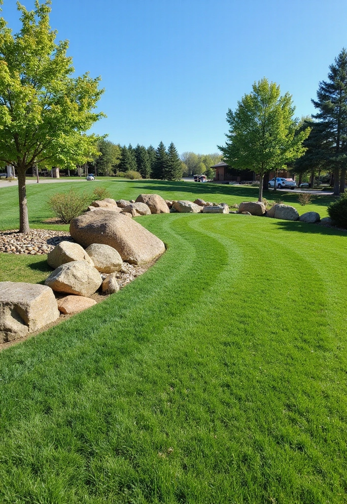 22 Front Yard Landscaping Ideas with Rocks - 22. Rock Features in Lawn