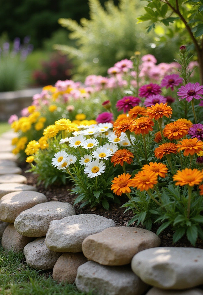 22 Front Yard Landscaping Ideas with Rocks - 3. Rock Borders for Flower Beds