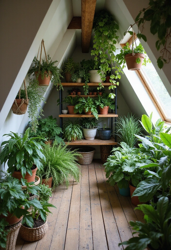 22 Small Attic Room Ideas with Low Ceilings - 13. Add Plants for Fresh Air