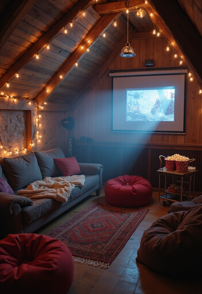 22 Small Attic Room Ideas with Low Ceilings - 14. Design a Cozy Movie Corner