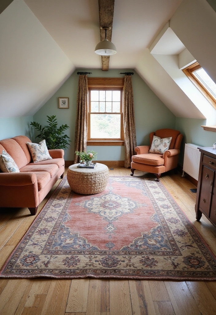 22 Small Attic Room Ideas with Low Ceilings - 18. Use Area Rugs to Define Spaces