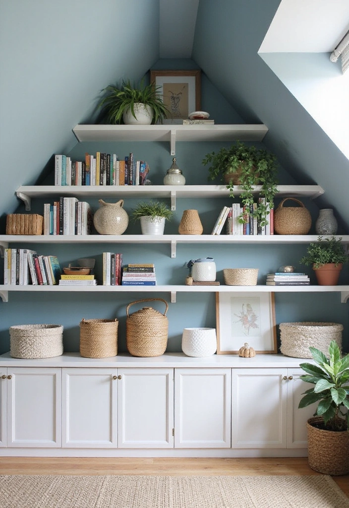 22 Small Attic Room Ideas with Low Ceilings - 2. Utilize Vertical Space with Shelves