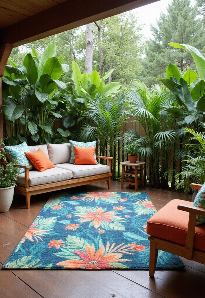 22 Tropical Landscaping Front Yard Ideas - 12. Colorful Outdoor Rugs
