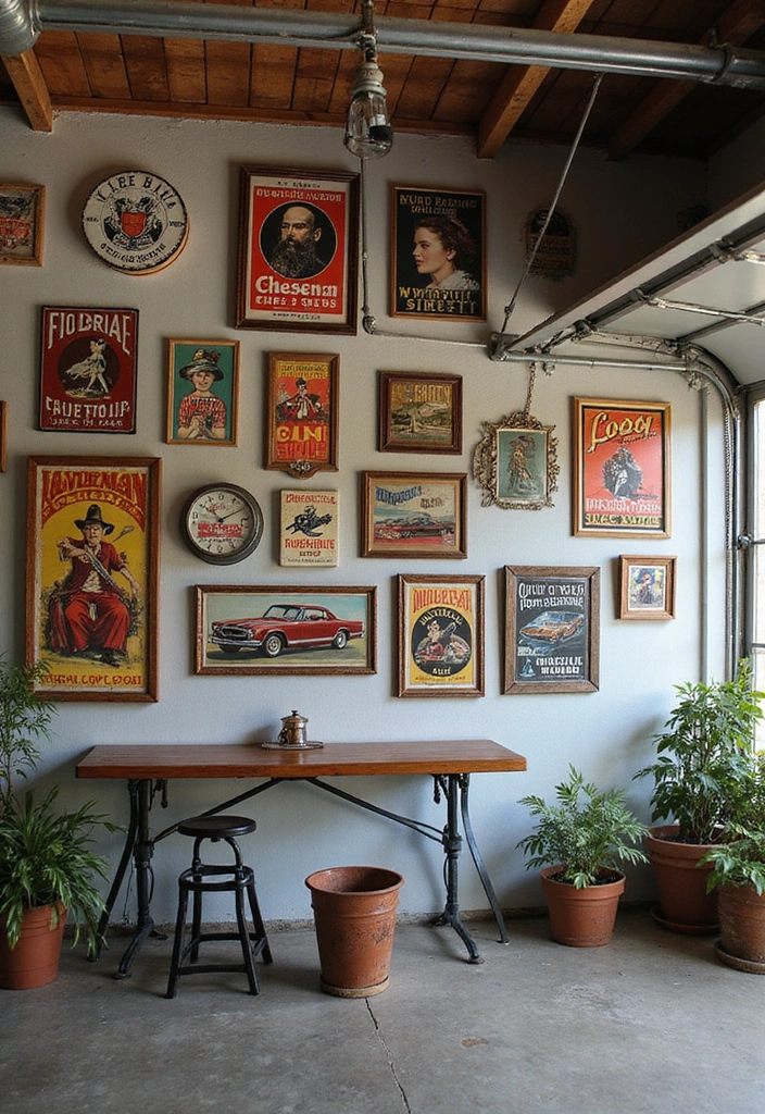 22 Vintage-Inspired Garage Man Cave Ideas - 13. Vintage-Inspired Wall Art