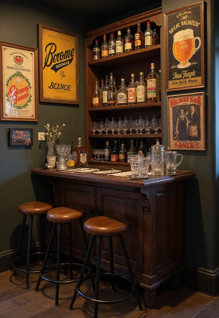 22 Vintage-Inspired Garage Man Cave Ideas - 2. Vintage Bar Corner