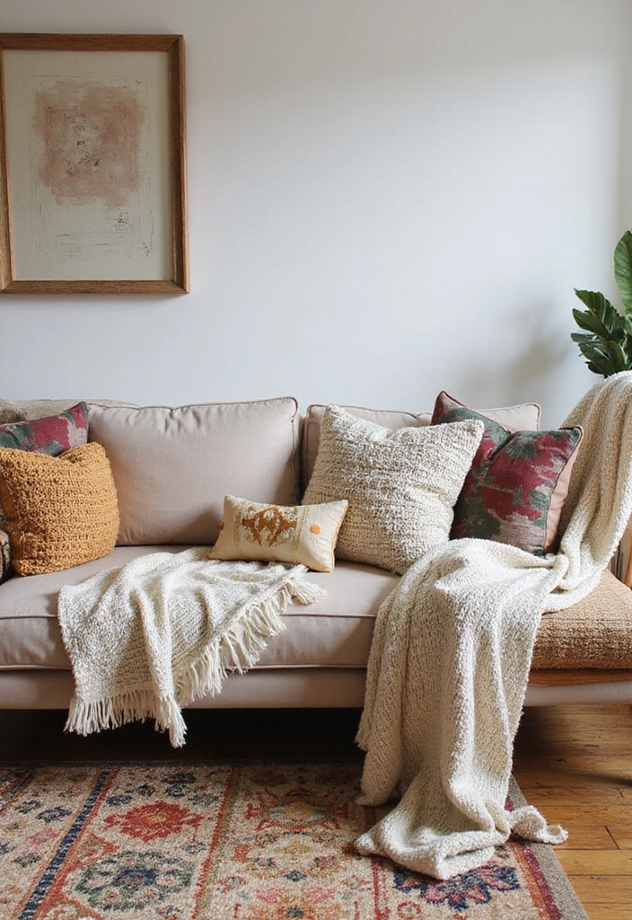 23 Boho Industrial Living Room Ideas - 1. Layered Textiles