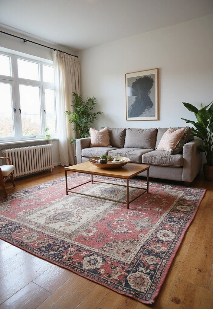 23 Boho Industrial Living Room Ideas - 11. Statement Rugs