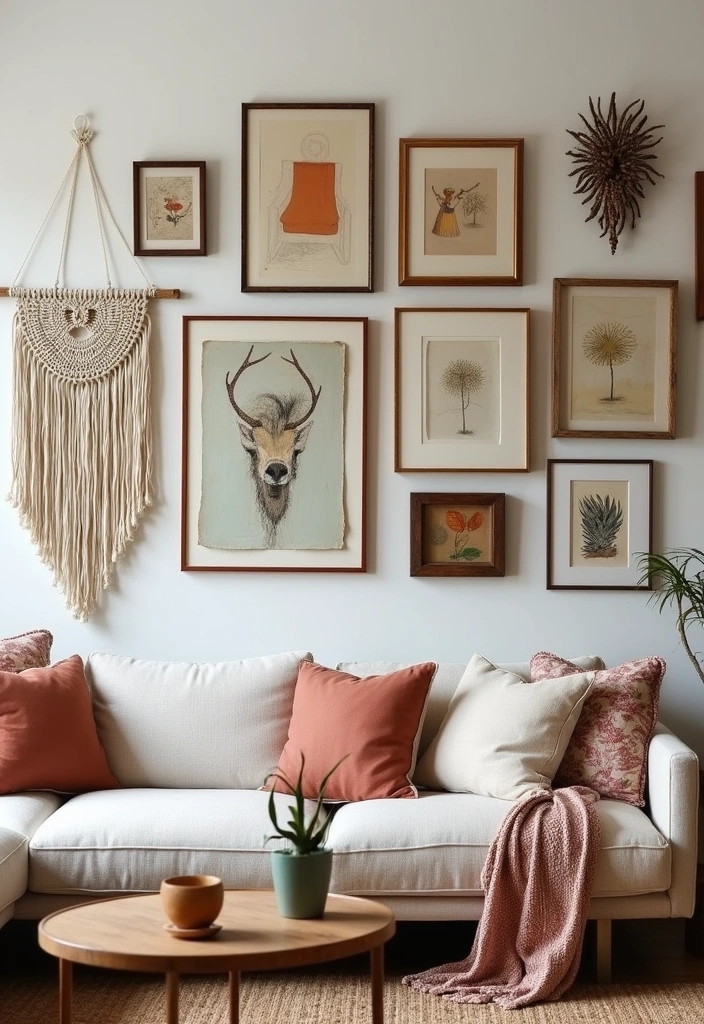 23 Boho Industrial Living Room Ideas - 3. Artistic Wall Decor