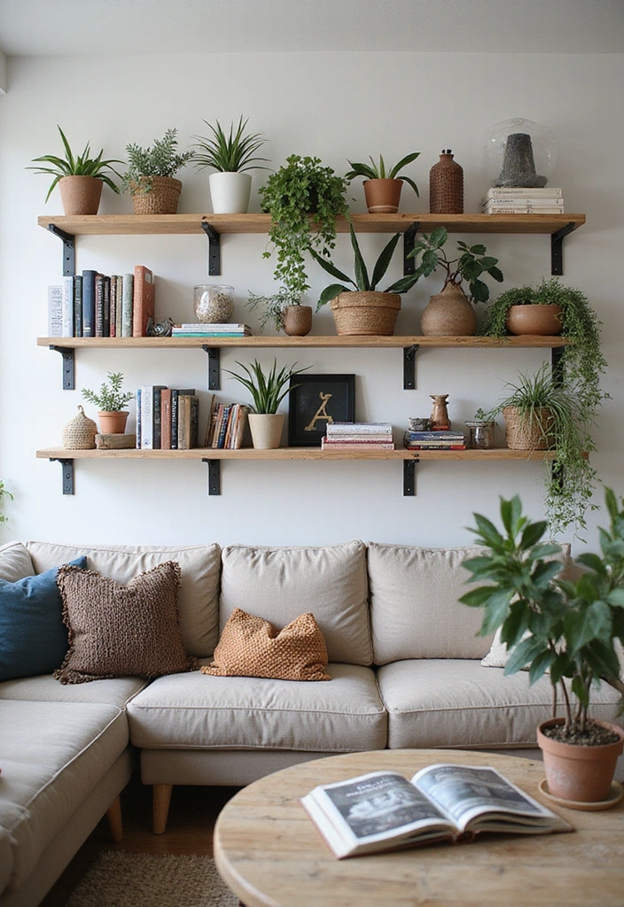 23 Boho Industrial Living Room Ideas - 9. Open Shelving