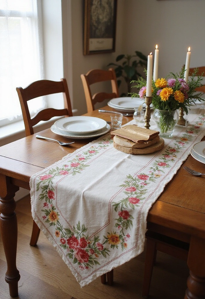 23 Dining Room Table Runner Ideas - 19. Vintage Tablecloth Runners