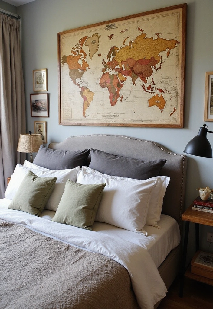 23 Eco-Friendly Bedroom Accent Wall Ideas - 15. Vintage Map Accent Wall