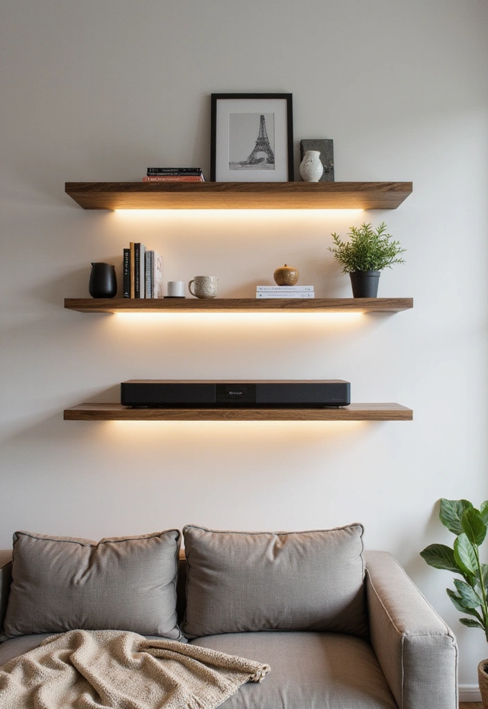 23 Modern Living Room Media Wall Ideas - 1. Floating Shelves with Integrated Lighting