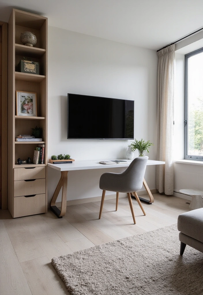 23 Modern Living Room Media Wall Ideas - 10. Multi-Functional Media Wall with Workstation