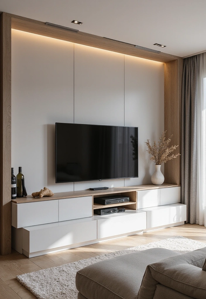 23 Modern Living Room Media Wall Ideas - 13. Minimalist Storage Solutions for a Clutter-Free Look