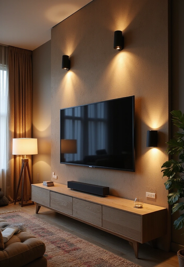 23 Modern Living Room Media Wall Ideas - 14. Statement Lighting to Enhance the Media Wall
