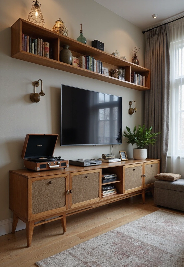 23 Modern Living Room Media Wall Ideas - 15. Vintage-Inspired Decor for a Unique Touch