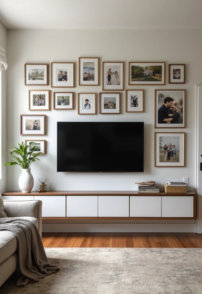 23 Modern Living Room Media Wall Ideas - 16. Customized Media Wall with Personal Touches