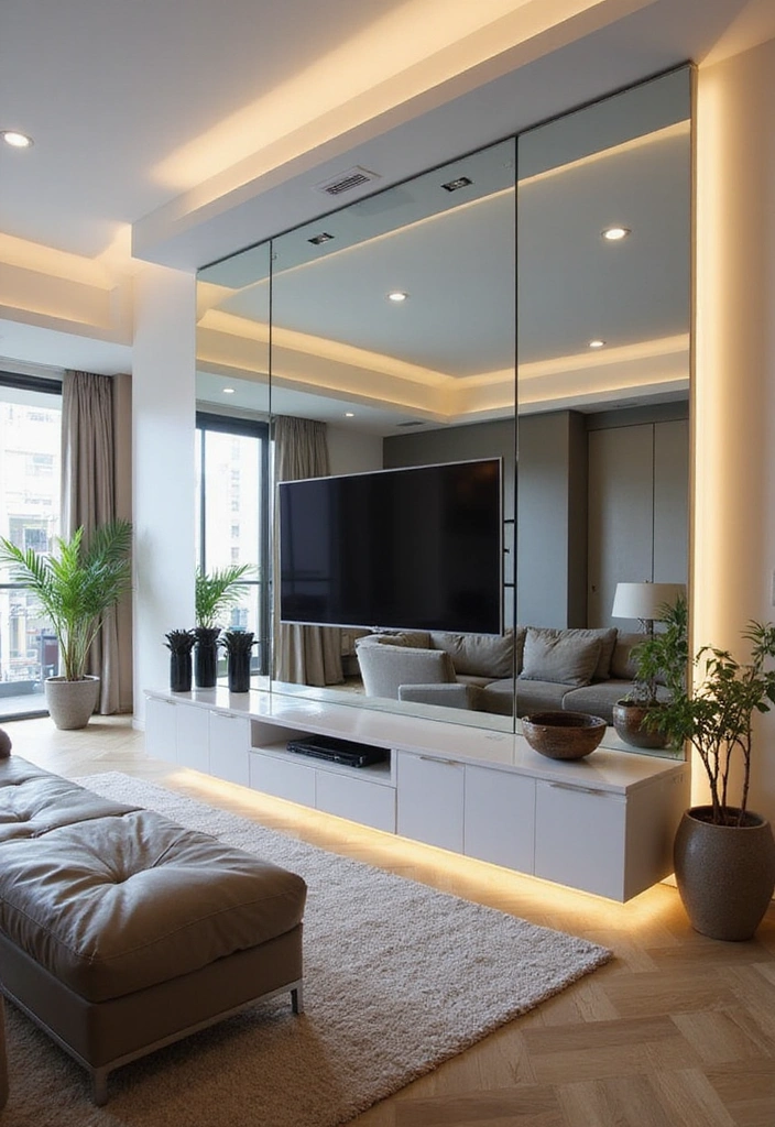 23 Modern Living Room Media Wall Ideas - 17. Clever Use of Mirrors to Enhance Space
