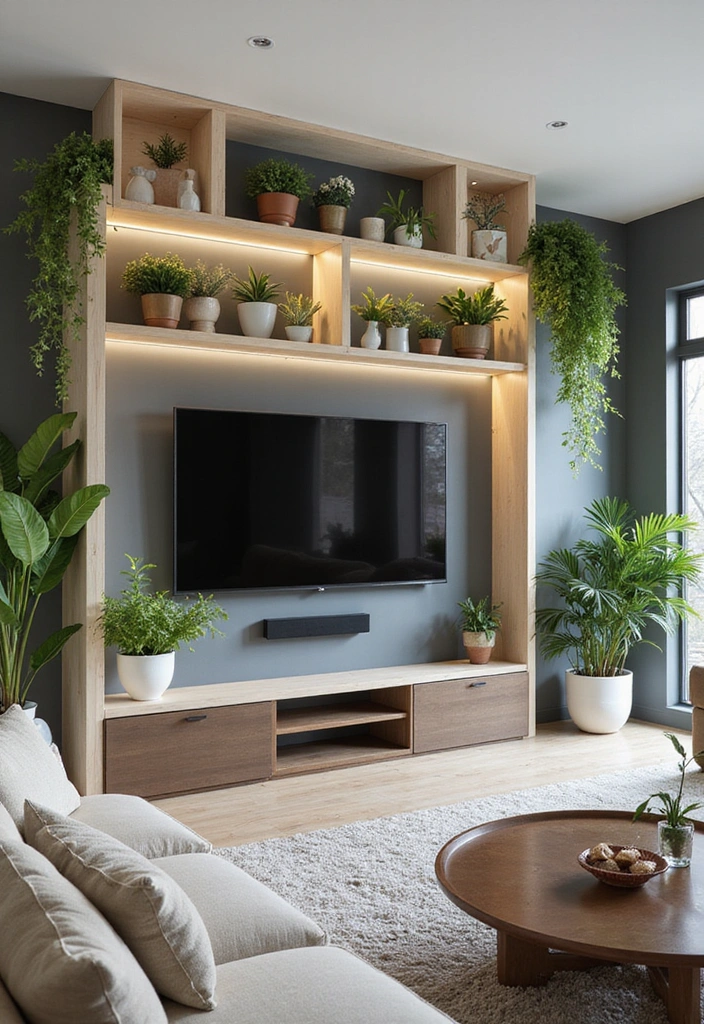 23 Modern Living Room Media Wall Ideas - 18. Incorporating Plants for a Lively Touch