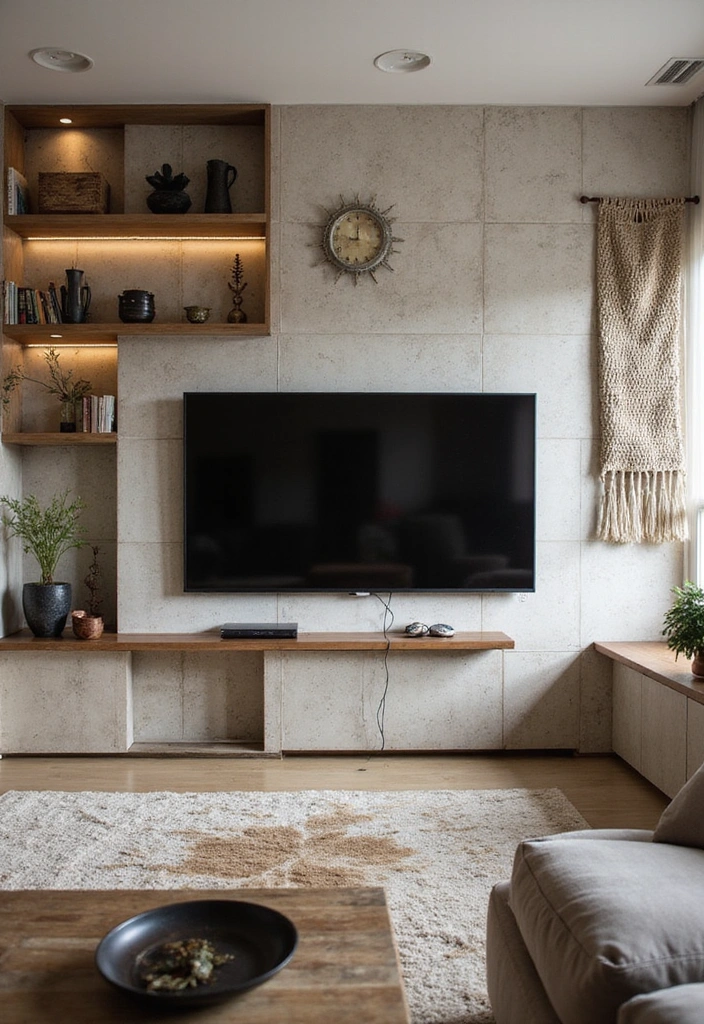 23 Modern Living Room Media Wall Ideas - 19. Layered Textures for Visual Interest