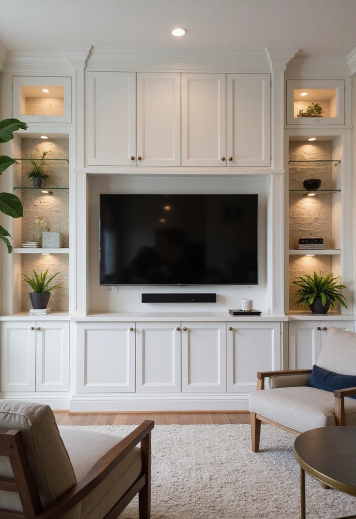 23 Modern Living Room Media Wall Ideas - 2. Built-In Cabinets for a Clean Look