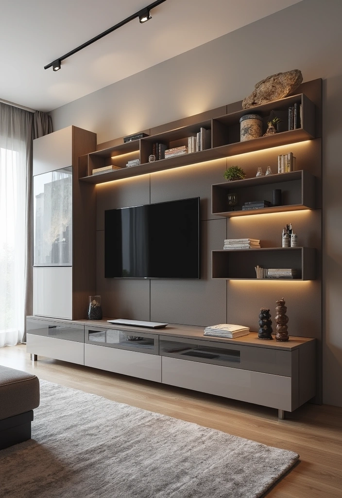 23 Modern Living Room Media Wall Ideas - 20. Adjustable Media Wall for Versatility