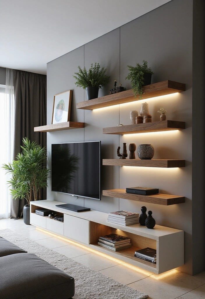 23 Modern Living Room Media Wall Ideas - 22. Creating a Multi-Dimensional Media Wall