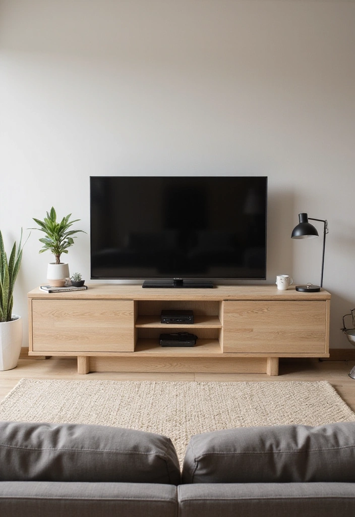 23 Modern Living Room Media Wall Ideas - 3. Minimalist TV Stand with Decorative Elements
