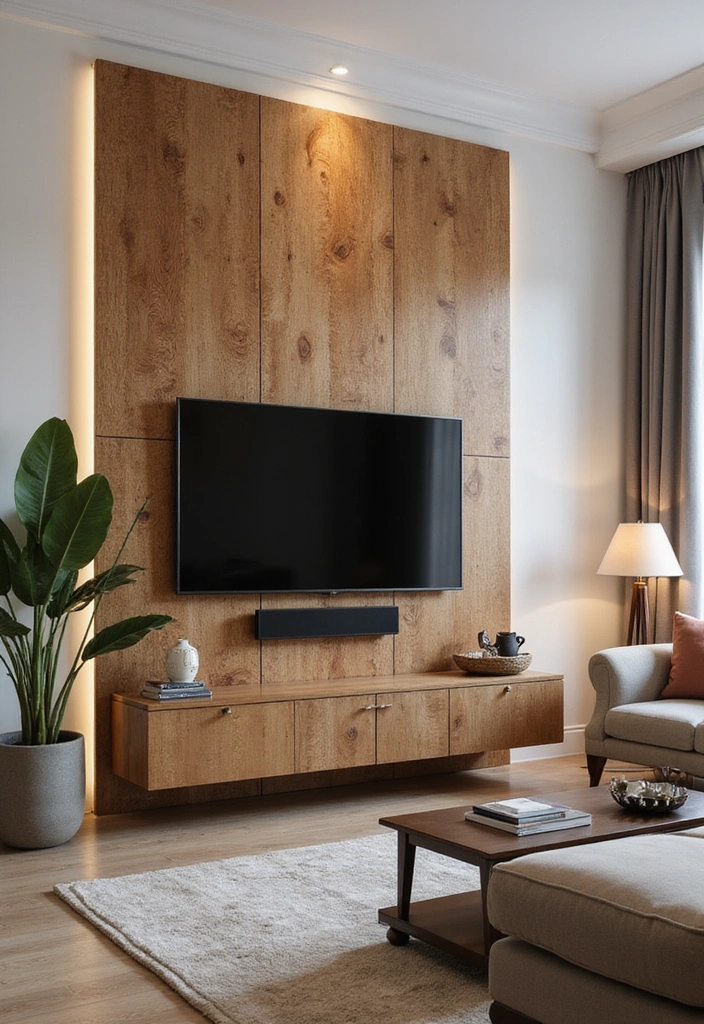 23 Modern Living Room Media Wall Ideas - 5. Textured Wall Panels as a Focal Point