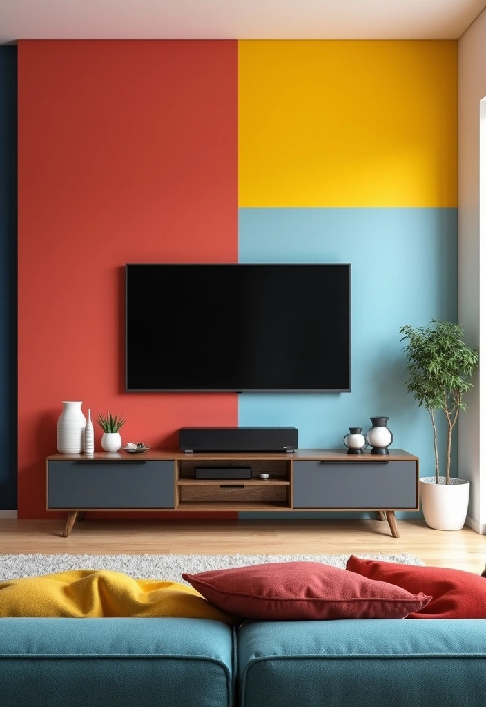 23 Modern Living Room Media Wall Ideas - 6. Color-Blocked Media Wall