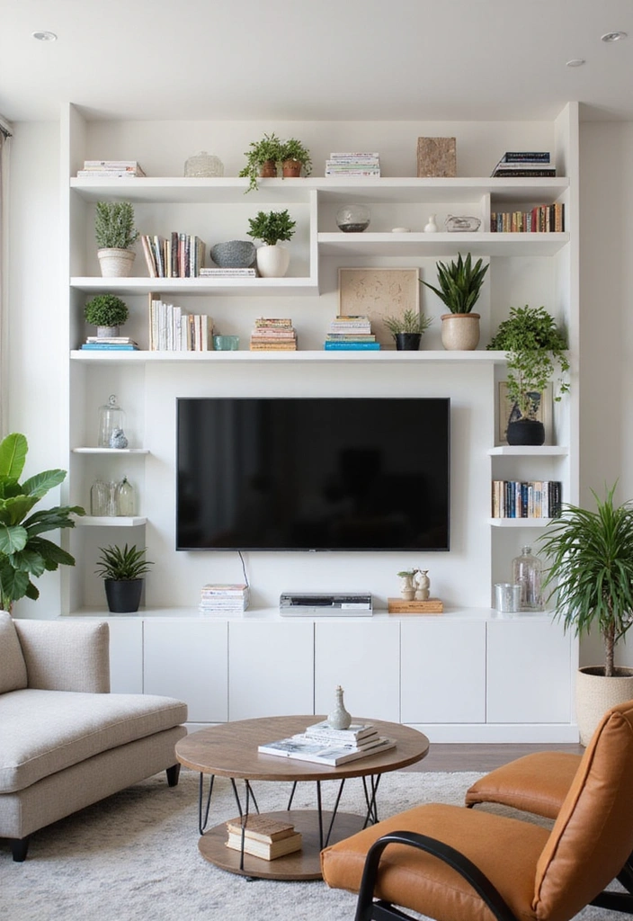 23 Modern Living Room Media Wall Ideas - 8. Open Shelving for Displaying Decor