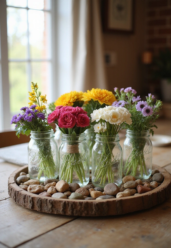 23 Simple Dining Table Centerpiece Ideas for a Rustic Farmhouse Vibe - 1. Mason Jar Blooms