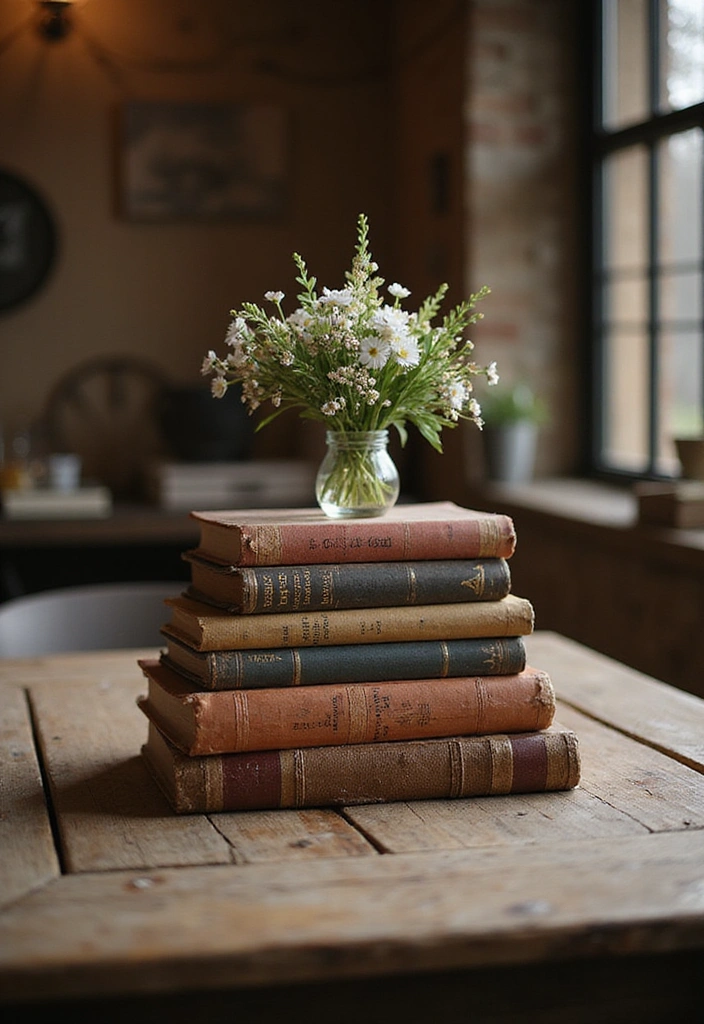 23 Simple Dining Table Centerpiece Ideas for a Rustic Farmhouse Vibe - 11. Vintage Books and Flowers