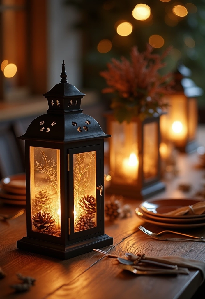 23 Simple Dining Table Centerpiece Ideas for a Rustic Farmhouse Vibe - 12. Lanterns with Natural Elements