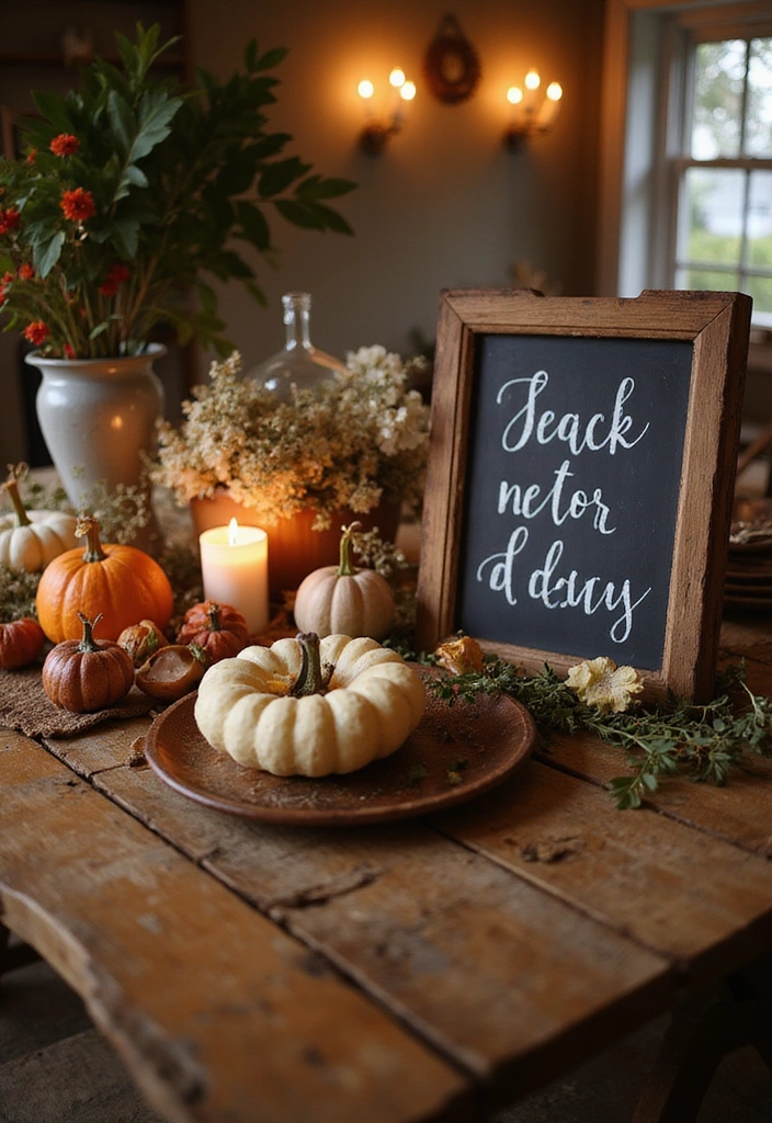 23 Simple Dining Table Centerpiece Ideas for a Rustic Farmhouse Vibe - 13. Chalkboard Sign Centerpiece