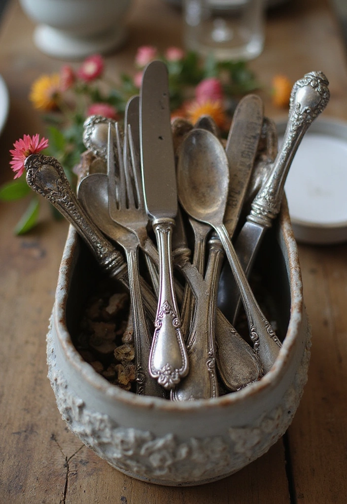 23 Simple Dining Table Centerpiece Ideas for a Rustic Farmhouse Vibe - 3. Vintage Silverware Arrangement