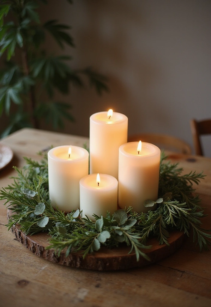 23 Simple Dining Table Centerpiece Ideas for a Rustic Farmhouse Vibe - 4. Candle and Greenery Combo